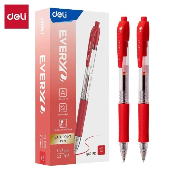 DELI BALL POINT PEN RETRACTABLE 0.7MM RED — image 1