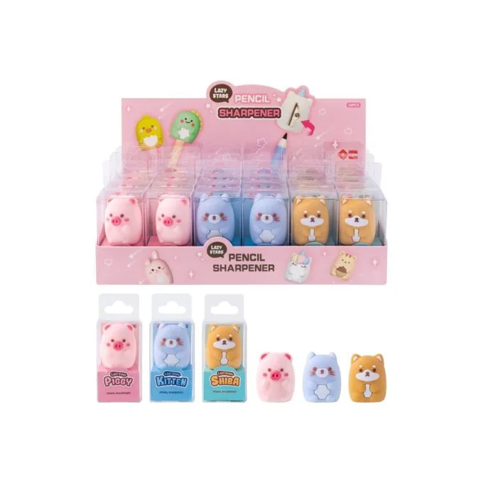 SQUISHY PENCIL SHARPENER AND ERASER 24PCS DISPLAY ASSORTED (PIG-CAT-DOG) — image 1