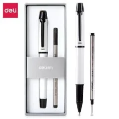 DELI S158 METAL ROLLER PEN 0.5MM WHITE AND REFILL IN GIFT BOX