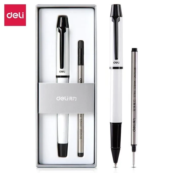 DELI S158 METAL ROLLER PEN 0.5MM WHITE AND REFILL IN GIFT BOX — image 1