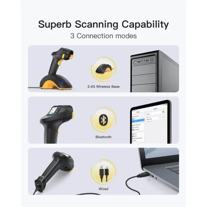 Inatech Barcode Scanner CMOS+CCD 1D/2D Wireless 2.4GHz/Bluetooth USB-A 2600mAh Display Screen Smart Charging Base N6001 Black — image 7