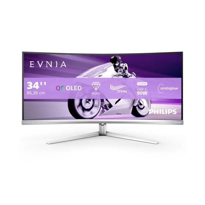 Philips Evnia 34M2C8600 - 34-inch Curved QD-OLED Gaming Monitor 3440x1440 175Hz 0.03ms 1800R G-SYNC FreeSync Premium Pro USB-C 90W Speakers USB Hub Ambiglow White — image 6