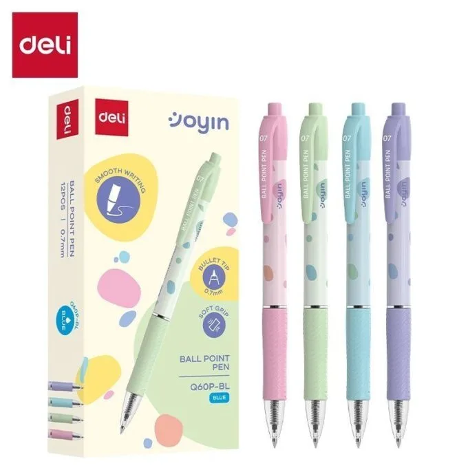 DELI BALLPOINT PEN RETRACTABLE 0.7MM ASSORTED COLOURS BLUE INK — image 1