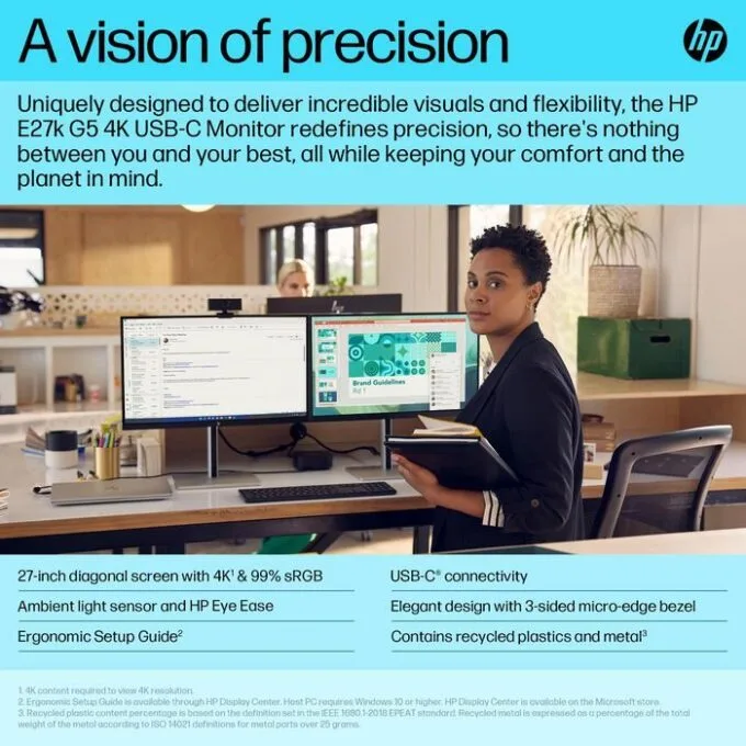 HP E27k G5 4K USB-C Monitor (6N4C4AA) - 27-inch 4K UHD IPS, 60Hz, 5ms, USB-C 65W PD, HDMI 2.0, DP 1.4, Ethernet, Speakers, Height Adjustable — image 5