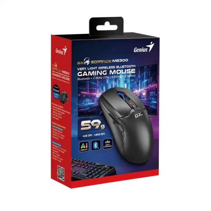 Genius Gaming Mouse Wireless+BT Rechargable & Lightweight RGB 4800DPI Scorpion M8300 Black — image 7