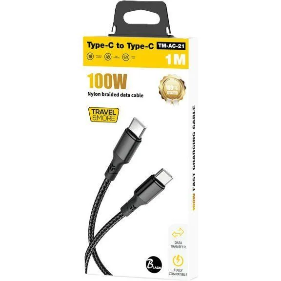 TRAVEL & MORE TYPE C TO TYPE C CABLE - 1M - BLACK 100W — image 1
