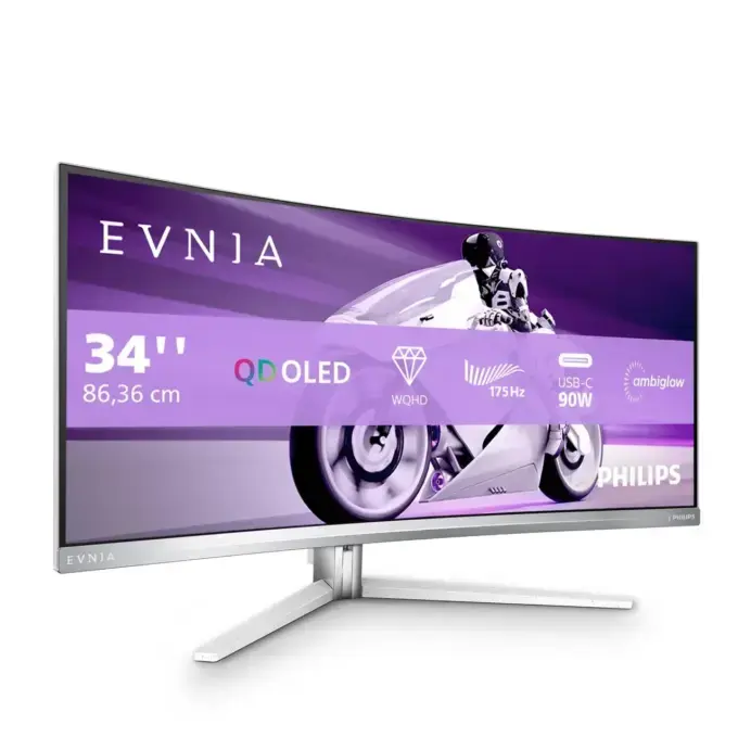Philips Evnia 34M2C8600 - 34-inch Curved QD-OLED Gaming Monitor 3440x1440 175Hz 0.03ms 1800R G-SYNC FreeSync Premium Pro USB-C 90W Speakers USB Hub Ambiglow White — image 8
