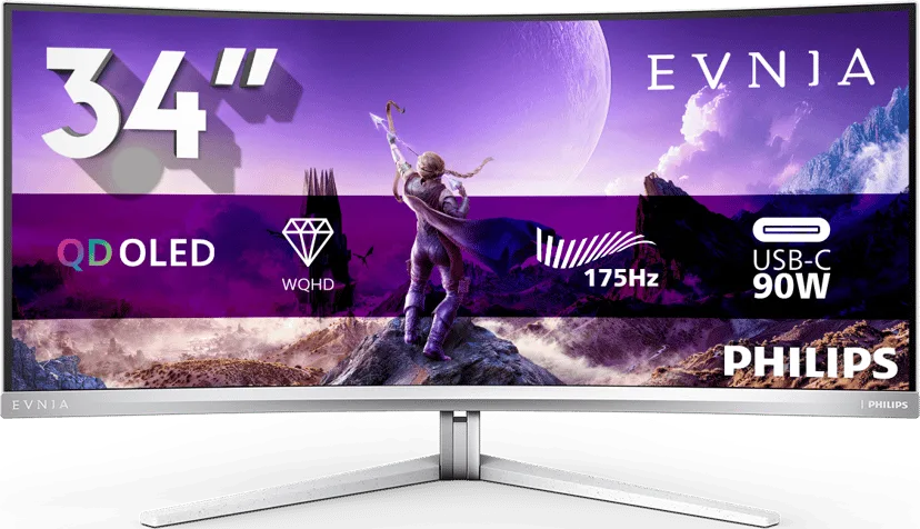 Philips Evnia 34M2C8600 - 34-inch Curved QD-OLED Gaming Monitor 3440x1440 175Hz 0.03ms 1800R G-SYNC FreeSync Premium Pro USB-C 90W Speakers USB Hub Ambiglow White — image 11