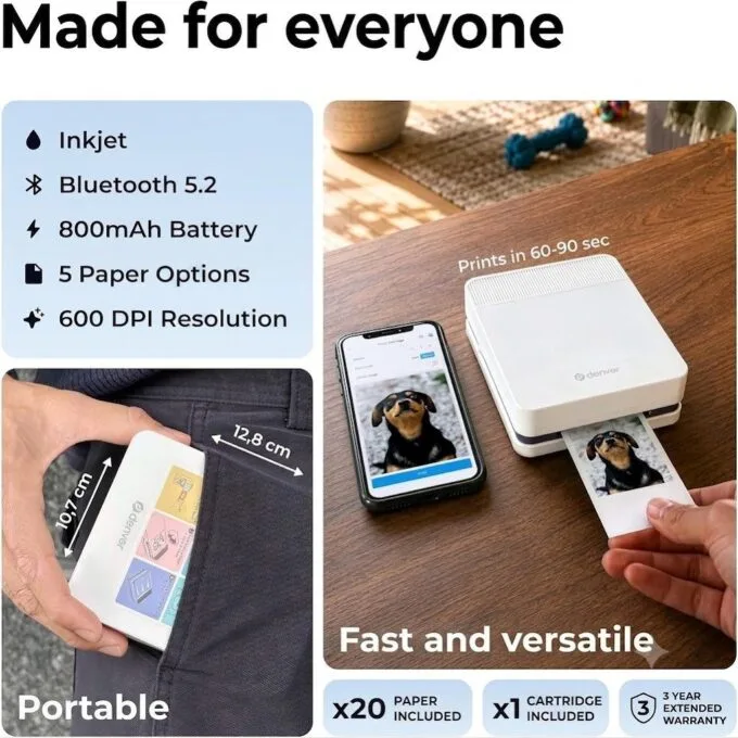 Denver MCP-6010 Portable Color Inkjet Printer with Bluetooth (includes 1x Ink Cartridge & 20x Printing Papers) — image 3