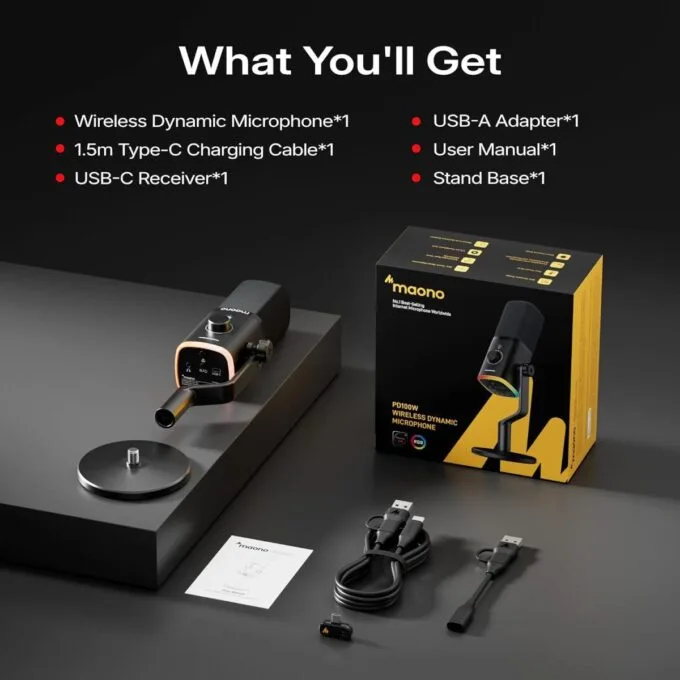 Maono Microphone Desktop Dynamic Wireless & USB-C 40Hr PD100W Black — image 8