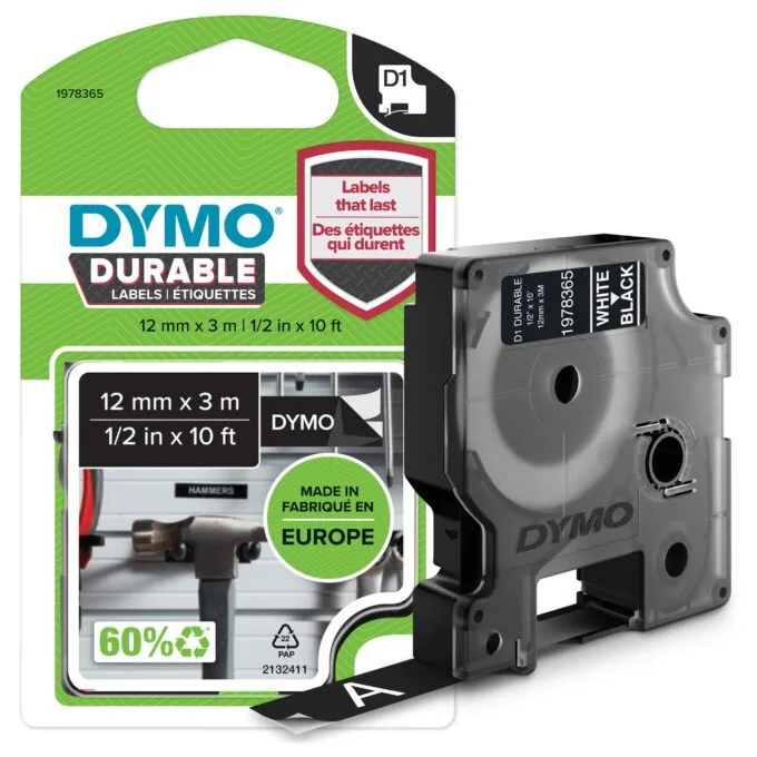 DYMO D1 Durable - White on Black - 12mm label-making tape — image 1