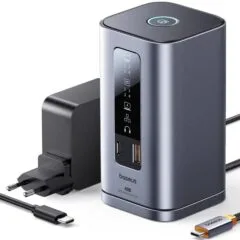 Baseus Spacemate RD1 11w1 USB-C | 2xHDMI 4K@60Hz | 2xDP 4K@60Hz | 2xUSB-A 10Gb/s | USB-C 10Gb/s | RJ45 | USB-A 480Mb/s | USB-C PD | mini jack 3.5mm | ładowarka EU szara