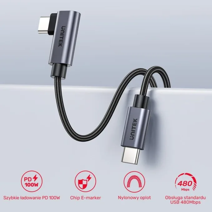 Unitek Kabel USB-C kątowy 90° PD100W 0,5m — image 6
