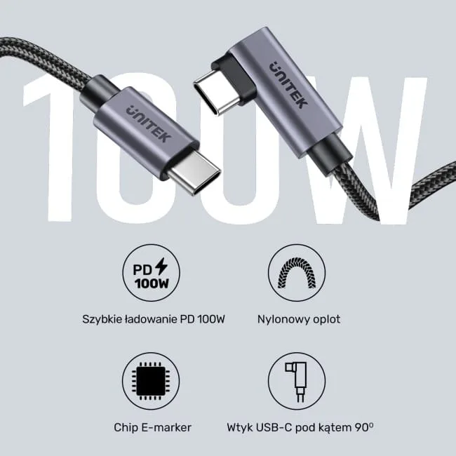 Unitek Kabel USB-C kątowy 90° PD100W 0,5m — image 7