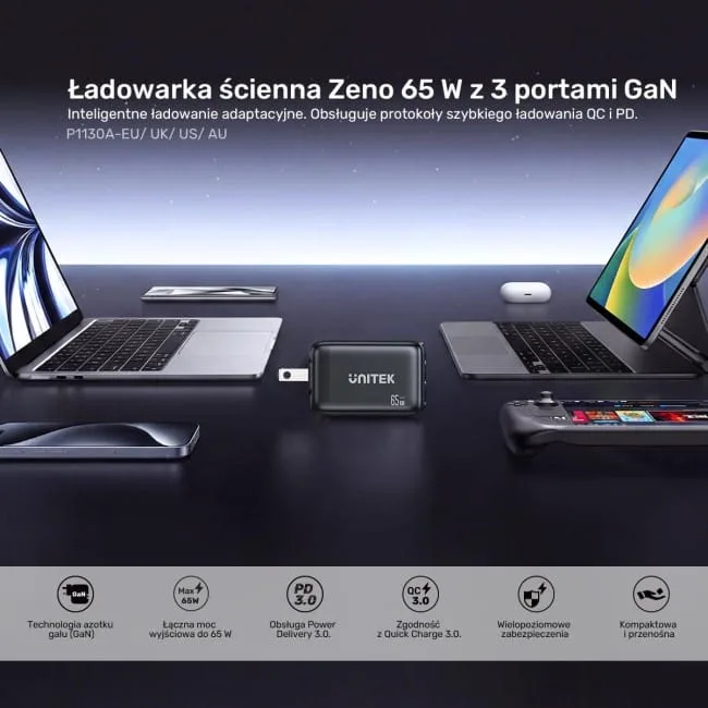 Unitek Ładowarka sieciowa 3-portowa GaN 65W, 2xUSB-C, USB-A, PD 3.0, czarna — image 3
