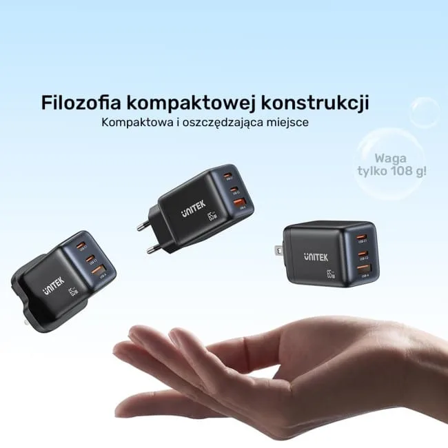 Unitek Ładowarka sieciowa 3-portowa GaN 65W, 2xUSB-C, USB-A, PD 3.0, czarna — image 5