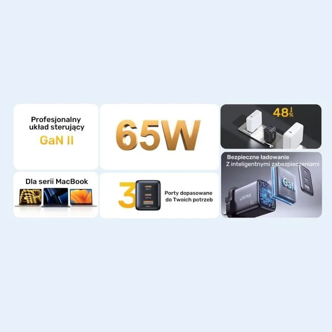 Unitek Ładowarka sieciowa 3-portowa GaN 65W, 2xUSB-C, USB-A, PD 3.0, czarna — image 6