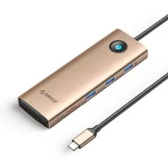 Orico USB-C 9w1 | 3x USB-A 3.0 | 1x USB-C PD 100W | 1x HDMI 4K 60Hz | 1x VGA 1080P 60Hz | 1x microSD/SD | 1x RJ45 Gigabit Ethernet - różowo-złota