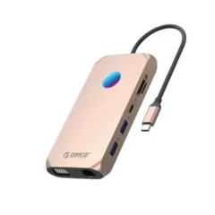 Orico USB-C 12w1 RGB | 2x USB-A 3.1 | 1x USB-A 2.0 | USB-C PD 100W | 1x USB-C 3.1 | 2x HDMI 2.0 4K 60Hz | 1x VGA | 1x microSD/SD 3.0 | 1x RJ Gigabit | 1x Audio - różowo-złota