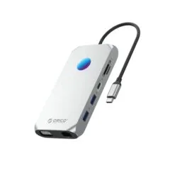 Orico USB-C 12w1 RGB | 3x USB-A 3.1 | 1x USB-A 2.0 | USB-C PD 100W | 1x USB-C 3.1 | 1x HDMI 1.4 4K 30Hz | 1x VGA 1080p | 1x microSD/SD 3.0 | 1x RJ Gigabit| 1x Audio - srebrna