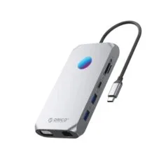 Orico USB-C 12w1 RGB | 3x USB-A 3.1 | 1x USB-A 2.0 | USB-C PD 100W | 1x USB-C 3.1 | 1x HDMI 1.4 4K 30Hz | 1x VGA 1080p | 1x microSD/SD 3.0 | 1x RJ Gigabit| 1x Audio - szara