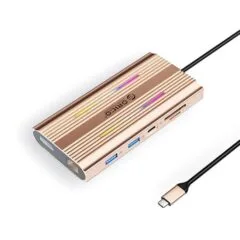 Orico USB-C 12w1 RGB | USB-A | USB-C PD 100W | 2x HDMI 4K 60 Hz | DisplayPort 4K 60 Hz | RJ45 Gigabit - różowo-złota