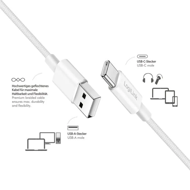 LogiLink USB-A - USB-C 1.5m w nylonowym oplocie biały — image 2