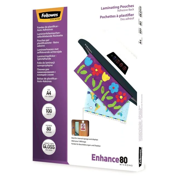 Fellowes Laminierfolie Selbstklebend A4 80Mikron glänz. 100P — image 2