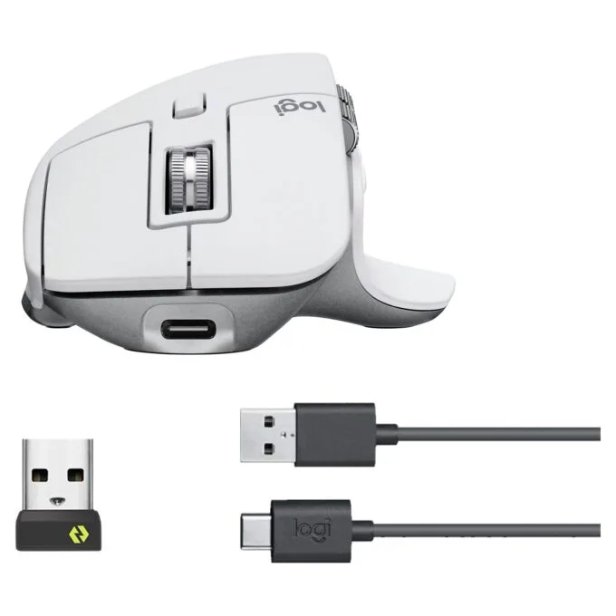 Logitech MX Master 3S, right-handed, laser, RF wireless + Bluetooth, 8000 DPI, silver, white — image 1