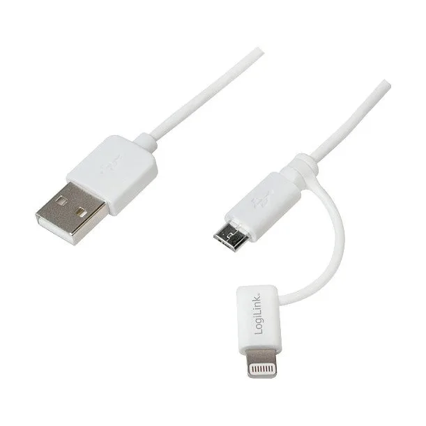 USB 2.0 cable, USB-A/M to Micro-USB + Lightning/M, white, 1 m — image 1
