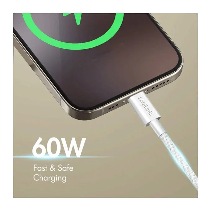 USB 2.0 Type-C cable, A/M to C/M, 480 Mbps, 60W, nylon, white, 1 m — image 4