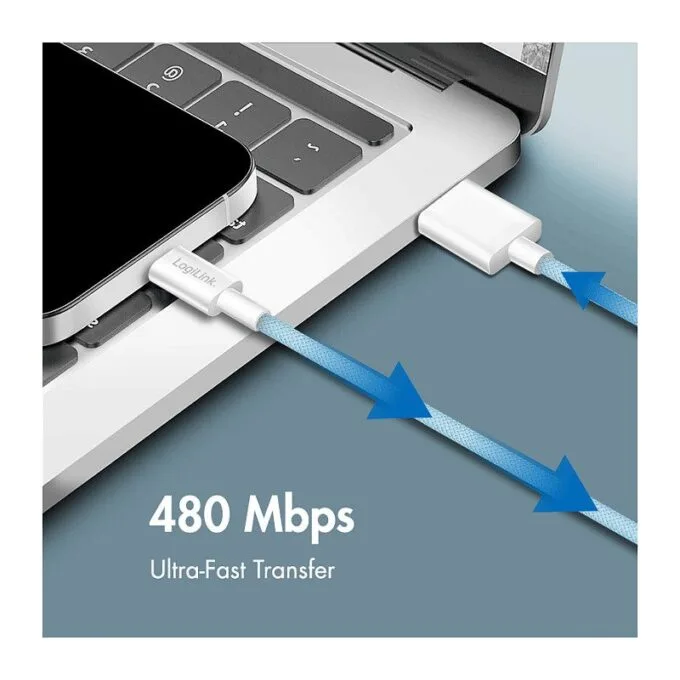 USB 2.0 Type-C cable, A/M to C/M, 480 Mbps, 60W, nylon, blue, 1 m — image 5