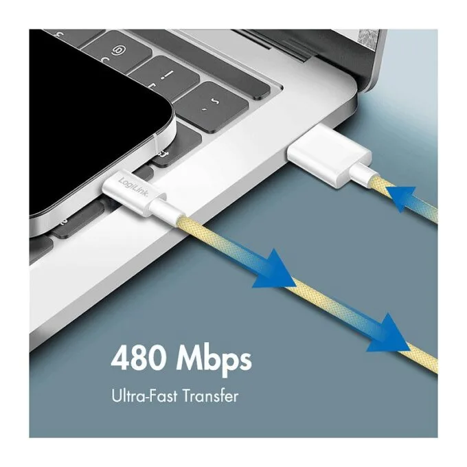 USB 2.0 Type-C cable, A/M to C/M, 480 Mbps, 60W, nylon, yellow, 0.5 m — image 5