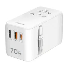 USB-A/C Travel charger, 70 W, GaN, 4-port, 2x USB-A (QC), 2x USB-C (PD), Slim Version, White