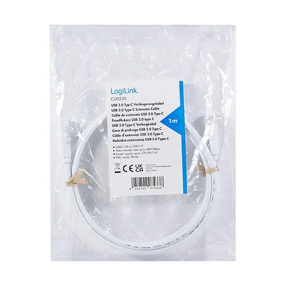USB 2.0 Type-C cable, C/M to C/F, 480 Mbps, 60W, white, 3 m — image 4