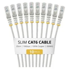 STARTECH.COM 25cm Gray Slim CAT6 Cable 10 Pack Snagless 100W PoE UTP LSZH 28AWG Pure Bare Copper Wire Slim RJ45 Network Patch Cord