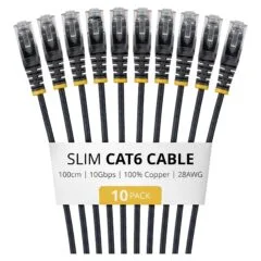 STARTECH.COM 1m Black Slim CAT6 Cable 10 Pack Snagless 100W PoE UTP LSZH 28AWG Pure Bare Copper Wire Slim RJ45 Network Patch Cord